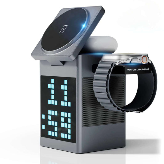 6-in-1 Magnetic Wireless Charging Station with Bluetooth Speaker, Alarm Clock